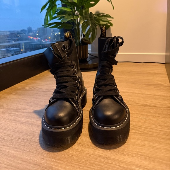 Dr. Martens Shoes - Dr. Martens Black Combat Boots with White Stitching